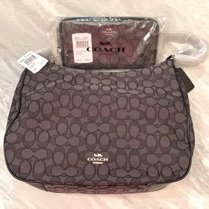 NWT Coach zip shoulder bag AND wallet in signature black jacquard